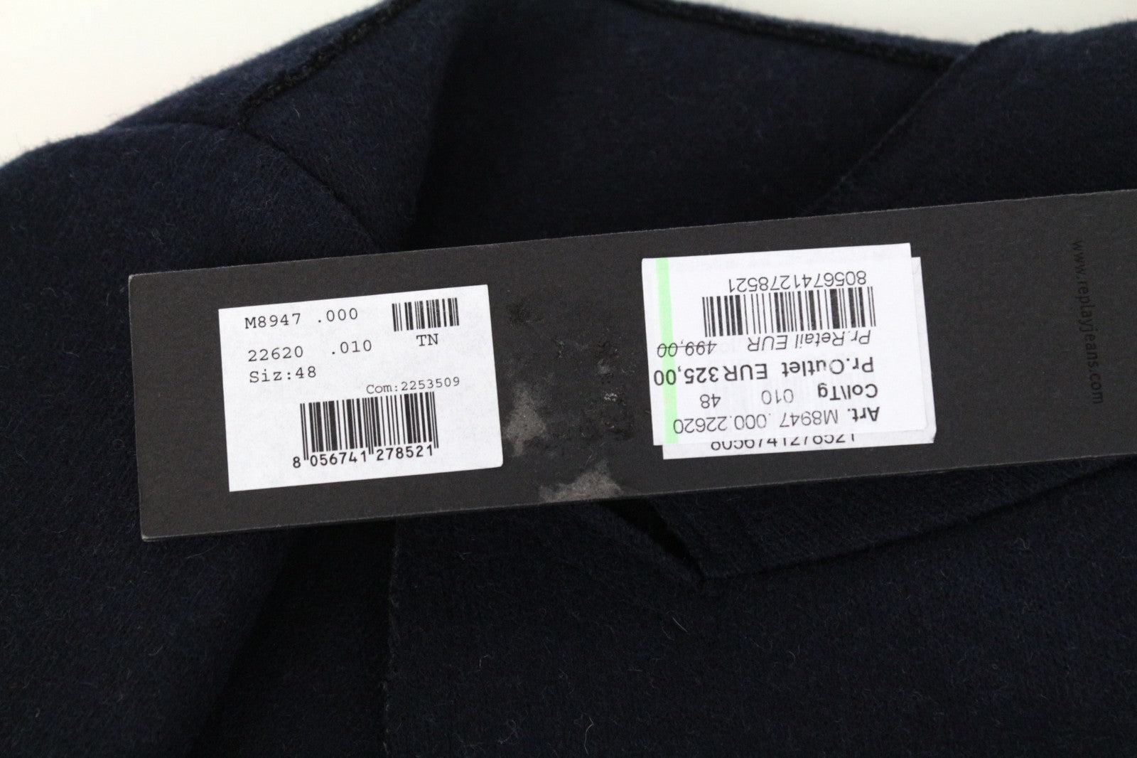 REPLAY Men Coat 48 M Blue Wool Blend Double-Breasted Peak Collared RRP499