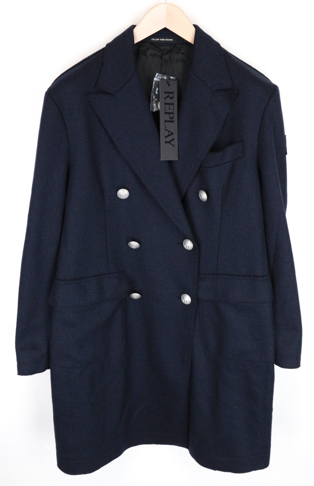 REPLAY Men Coat 48 M Blue Wool Blend Double-Breasted Peak Collared RRP499