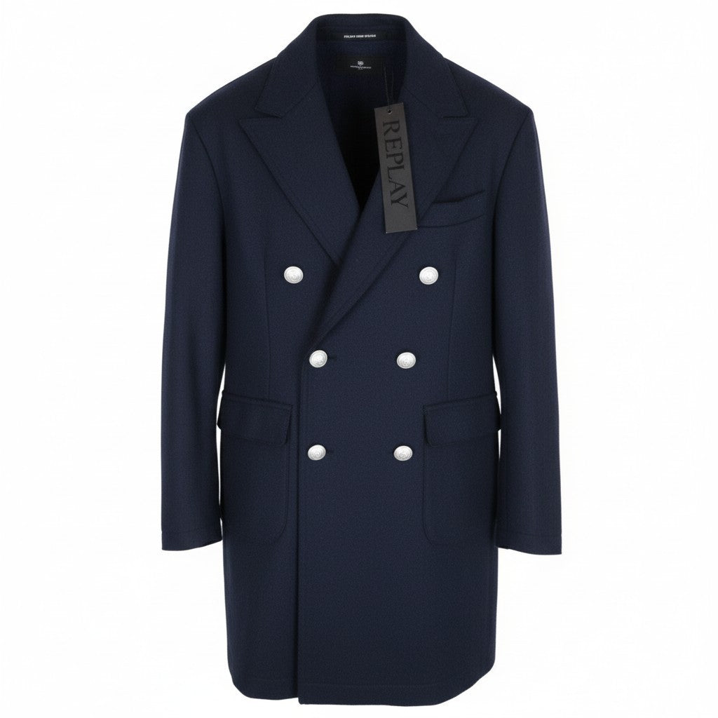 REPLAY Men Coat 50 L Blue Wool Blend Double-Breasted Peak Collared RRP499
