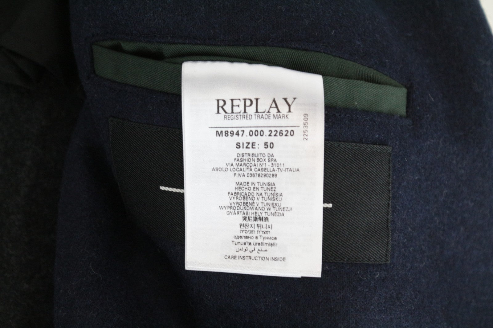REPLAY Men Coat 50 L Blue Wool Blend Double-Breasted Peak Collared RRP499