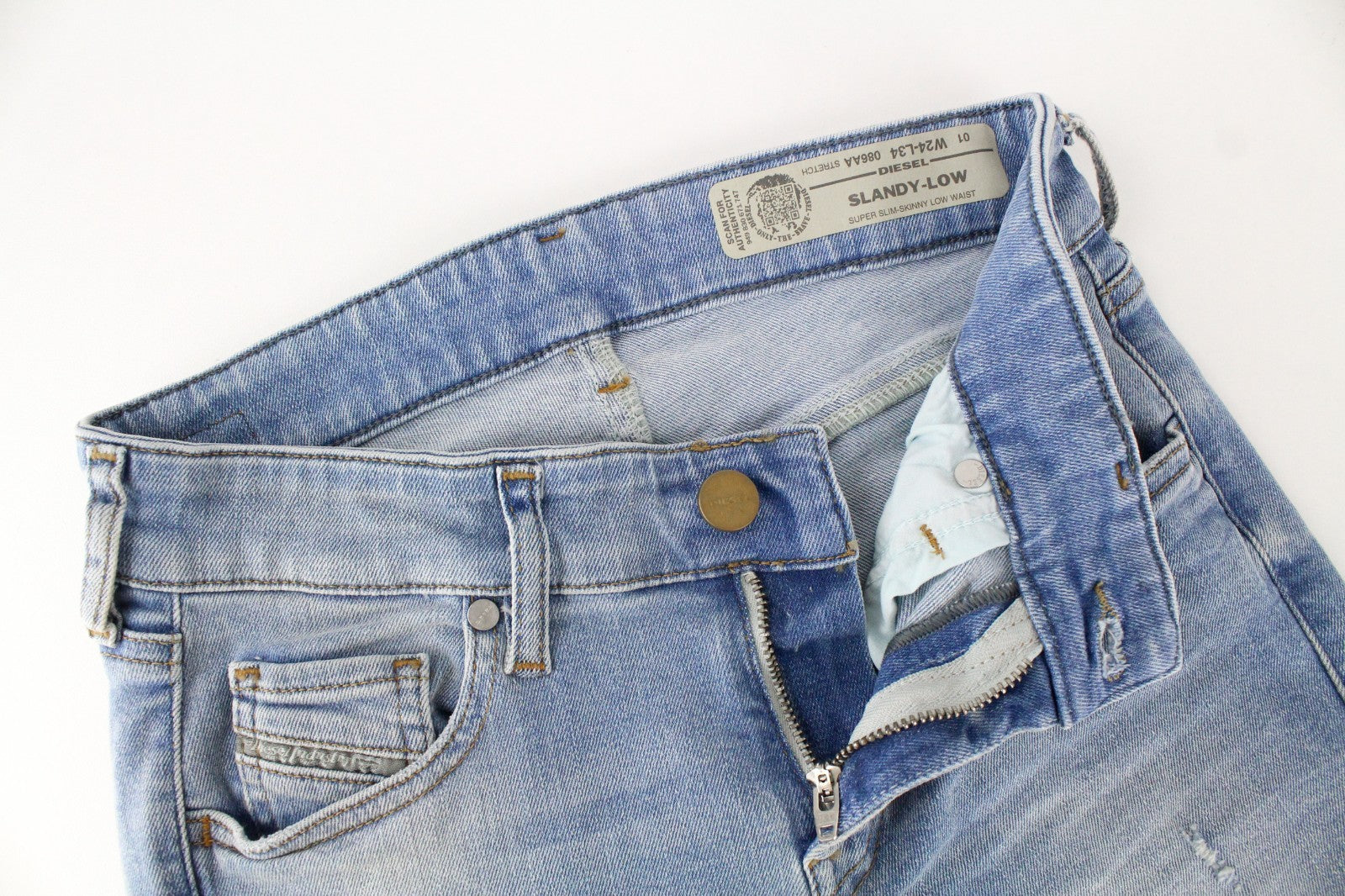 DIESEL Slandy-Low 086AA Women Jeans W24/L34 Super Slim Skinny Light Blue Stretch