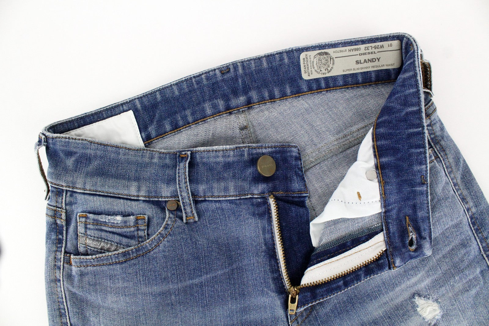 DIESEL Slandy 086AH Women Jeans W26/L32 Stretch Blue Ripped Super Slim Skinny