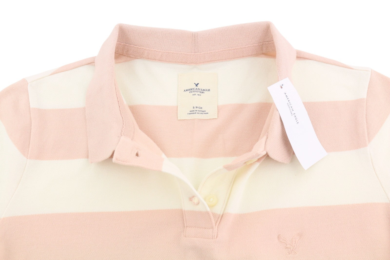 AMERICAN EAGLE OUTFITTERS Women T-Shirt S Pink Striped Polo Short Sleeve