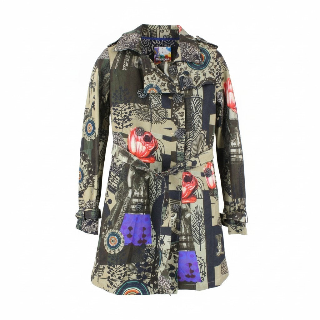 DESIGUAL Demption Women Coat EU38  M Brown Double-Breasted Patterned Lined