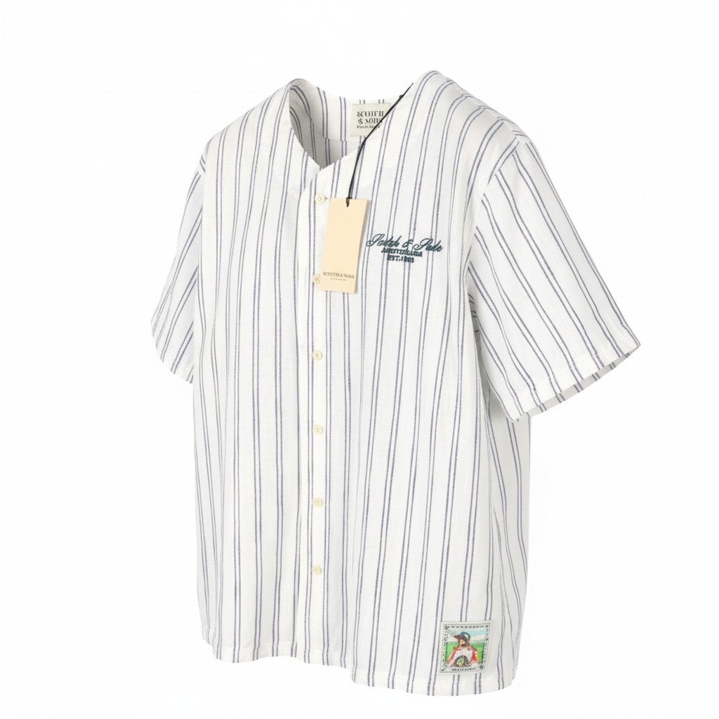 SCOTCH & SODA Men Shirt M White Relaxed Pinstriped Baseball Short Sleeve
