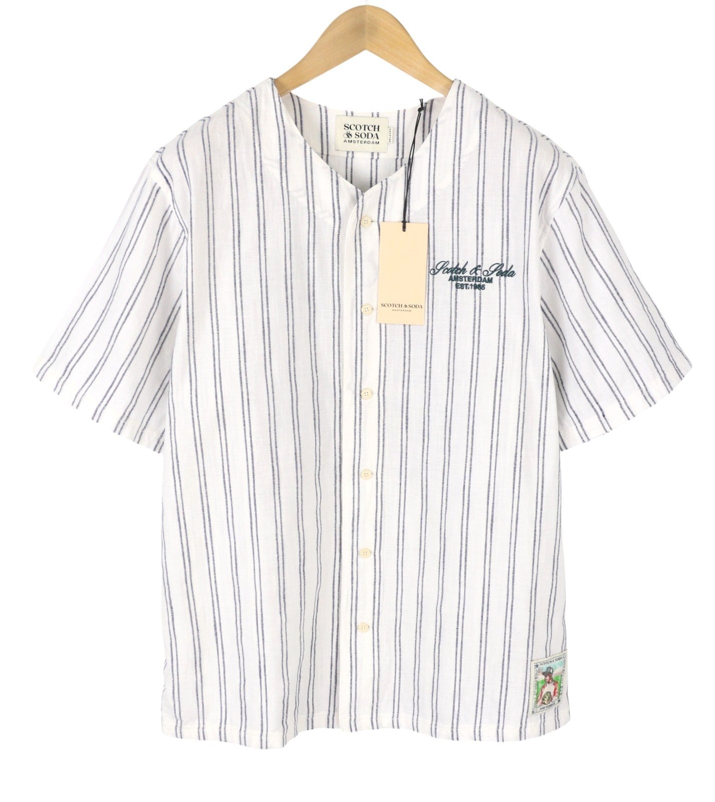 SCOTCH & SODA Men Shirt M White Relaxed Pinstriped Baseball Short Sleeve