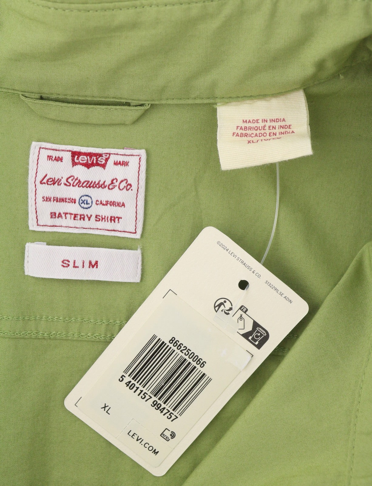 LEVI'S Battery Men Shirt XL Green Slim Fit Spread Collar Button-Up