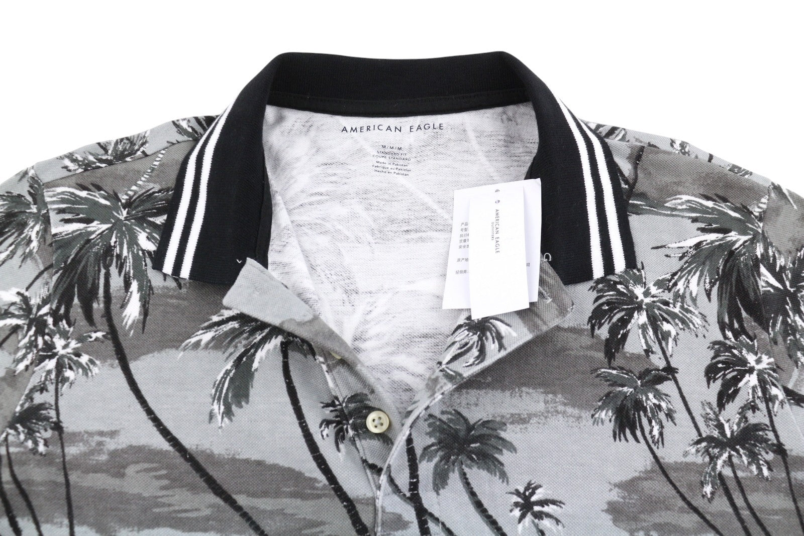 AMERICAN EAGLE OUTFITTERS Men Polos M Grey Palm Tree Print Short Sleeve