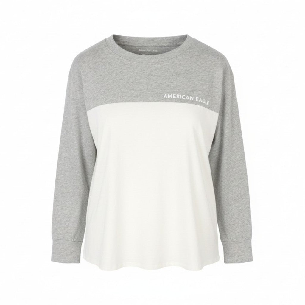 AMERICAN EAGLE OUTFITTERS Women T-Shirt XS Grey Melange Crew Neck Long Sleeve