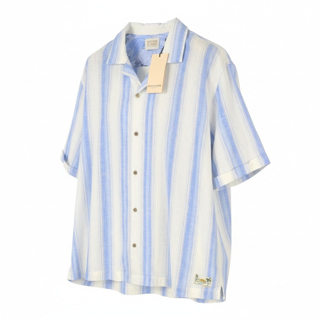 SCOTCH & SODA Men Shirt XL White Striped Linen Blend Button Short Sleeve