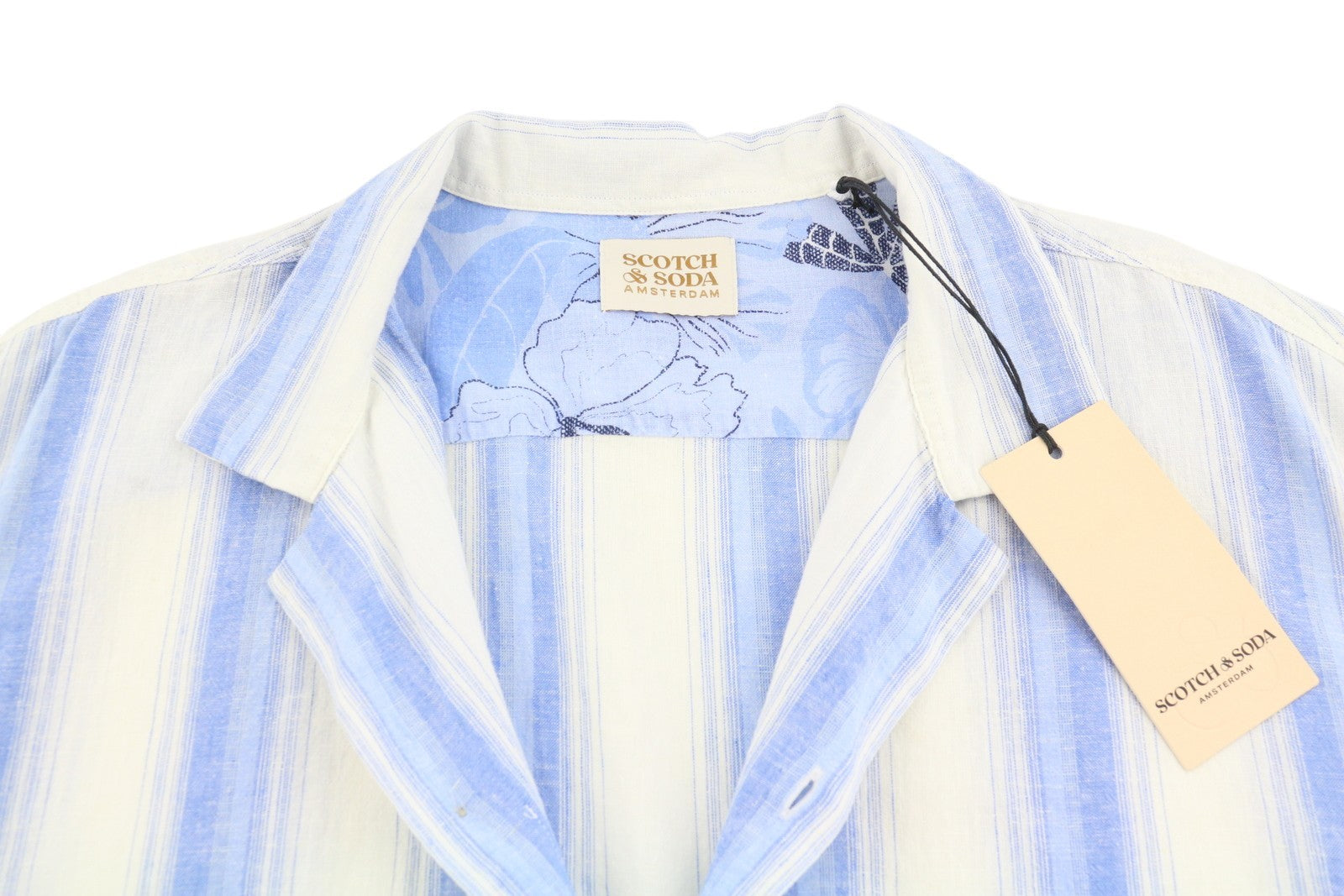 SCOTCH & SODA Men Shirt XL White Striped Linen Blend Button Short Sleeve