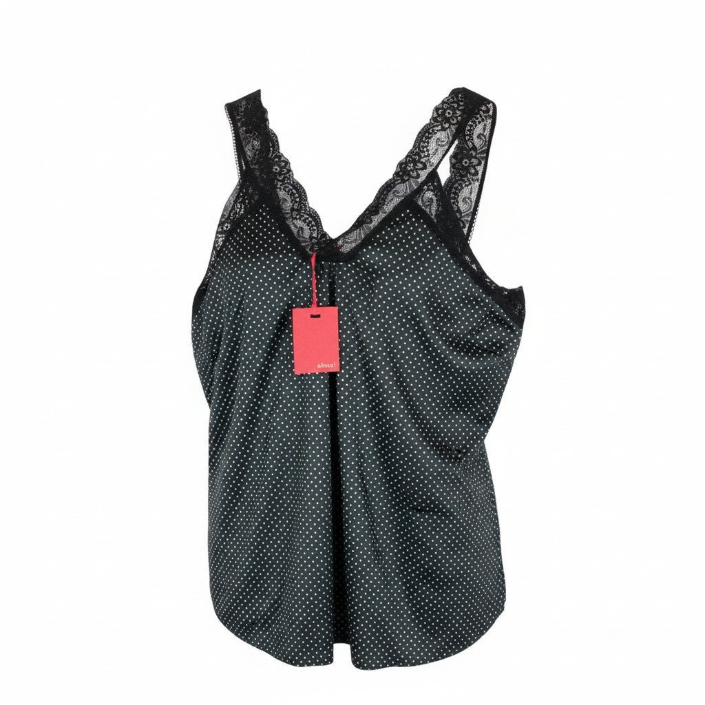OHMA! Women Top L Black Stretch Sleeveless Dot Patterned Laces Straps Pull On