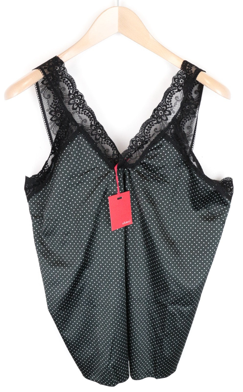 OHMA! Women Top L Black Stretch Sleeveless Dot Patterned Laces Straps Pull On