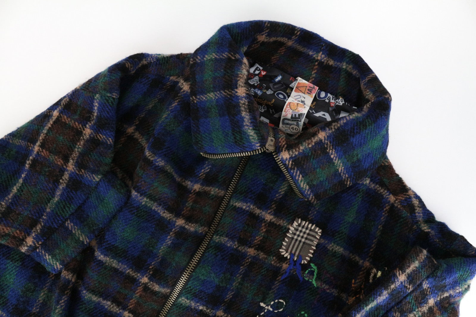 DESIGUAL Women Coat EU40 L Blue Melange Check Dolman Sleeve Woolen Embroidered