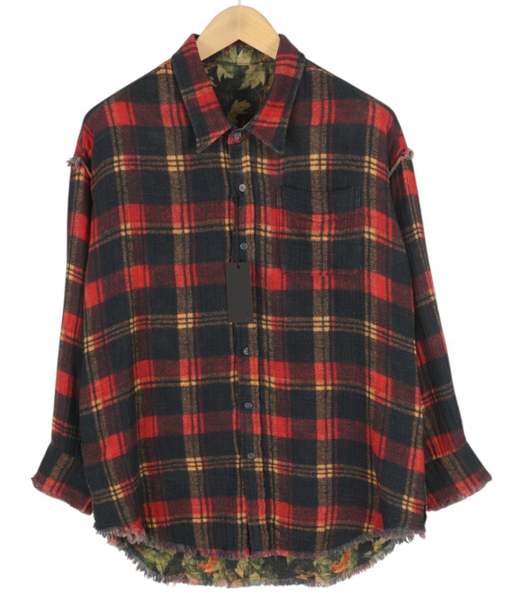 R13 Reversible Drop Neck Women Shirt 2XS Red Plaid With Leaf Camo FW25 RRP1045