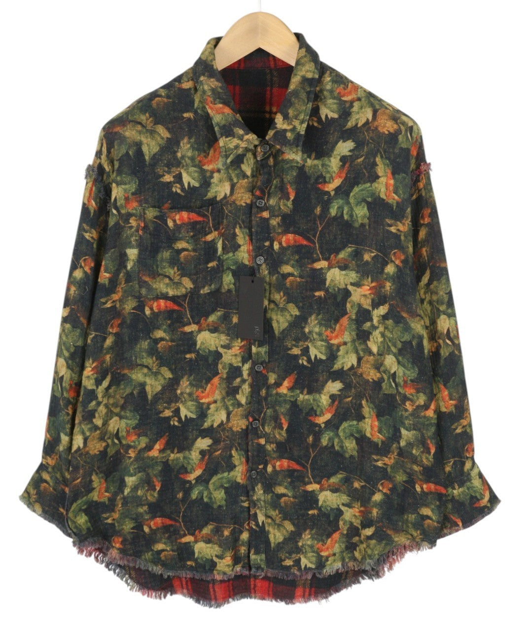 R13 Reversible Drop Neck Women Shirt 2XS Red Plaid With Leaf Camo FW25 RRP1045