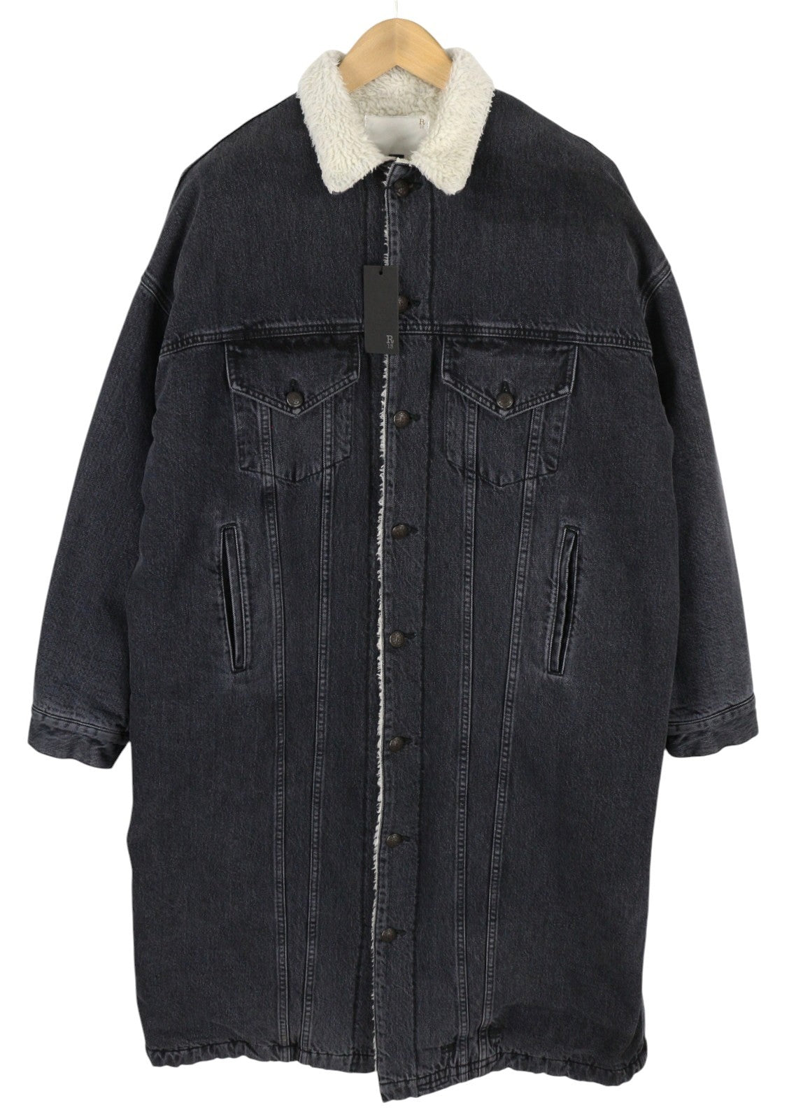 R13 Lyle Trucket Coat Women Jacket M Stone Black Sherpa Lined Denim Long RRP999