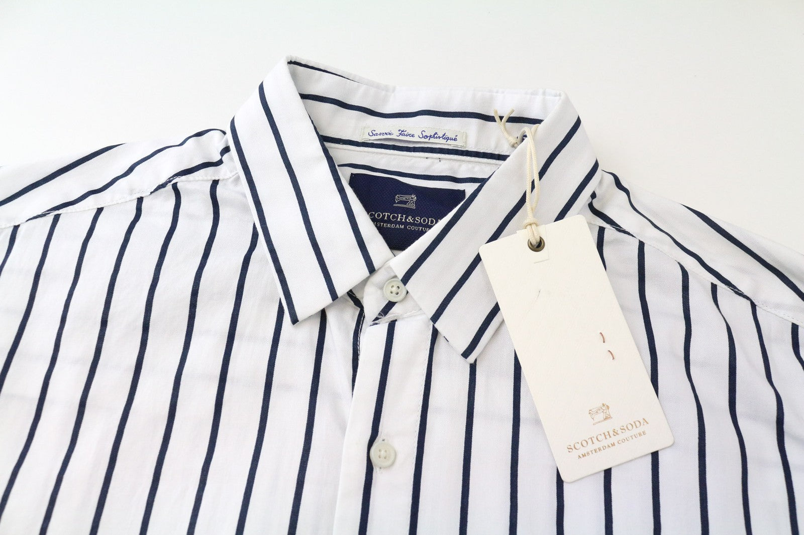SCOTCH & SODA Ams Couture Men's Shirt M White Navy Stripe Cotton Long Fit Top