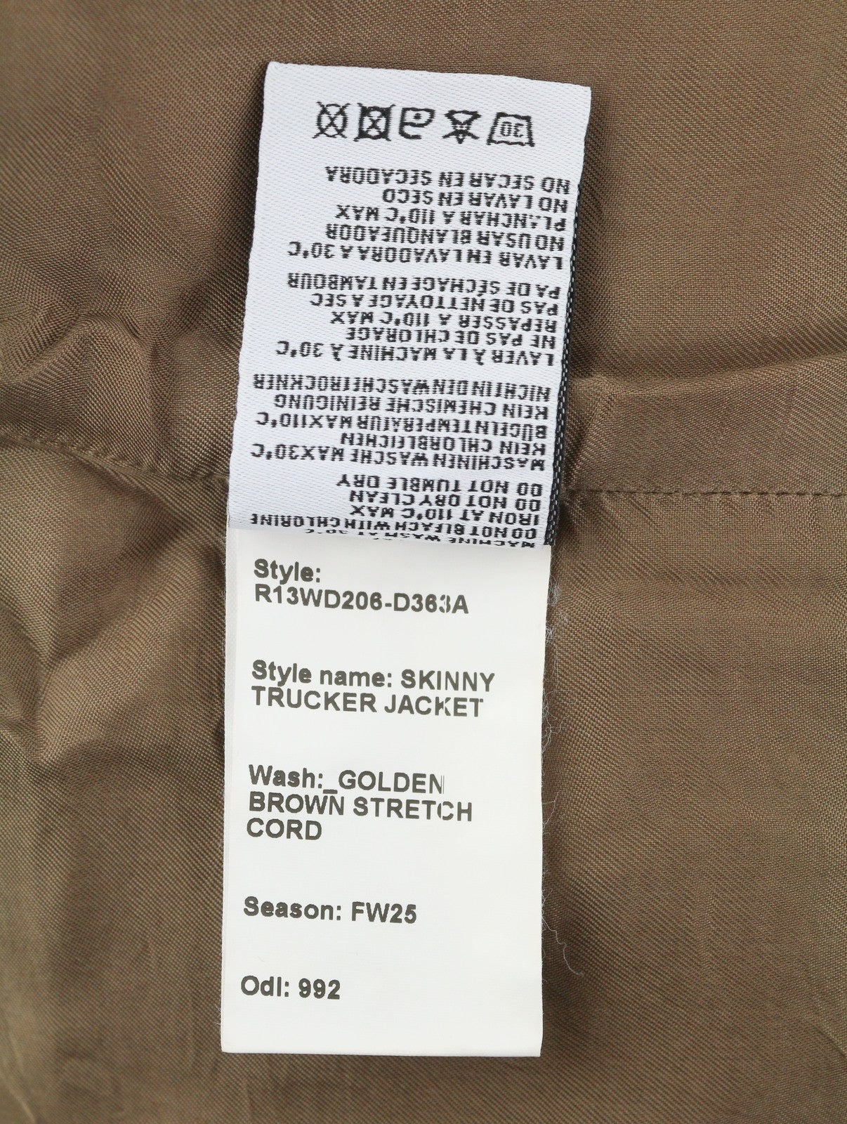 R13 Skinny Trucker Women Jacket S Golden Brown Stretch Cord Faded FW25 RRP1199