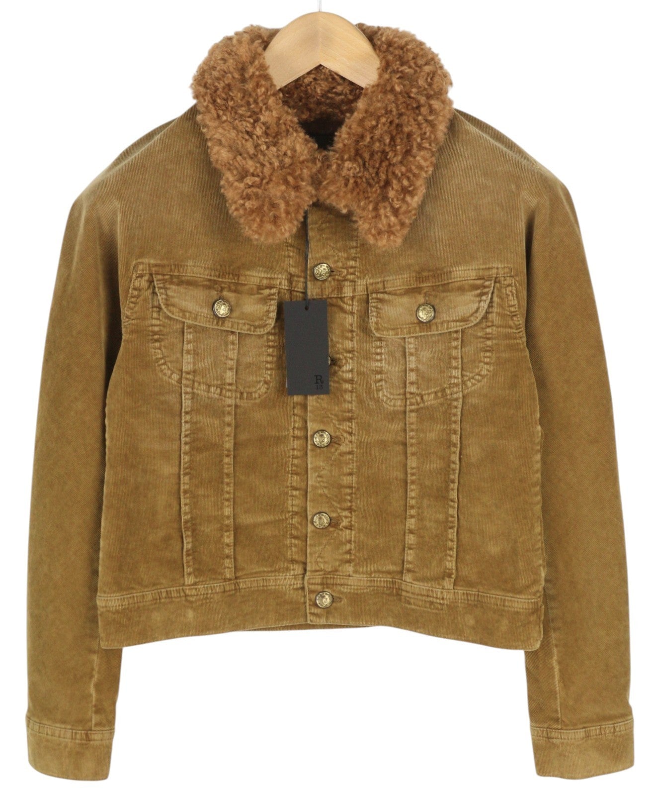 R13 Skinny Trucker Women Jacket S Golden Brown Stretch Cord Faded FW25 RRP1199