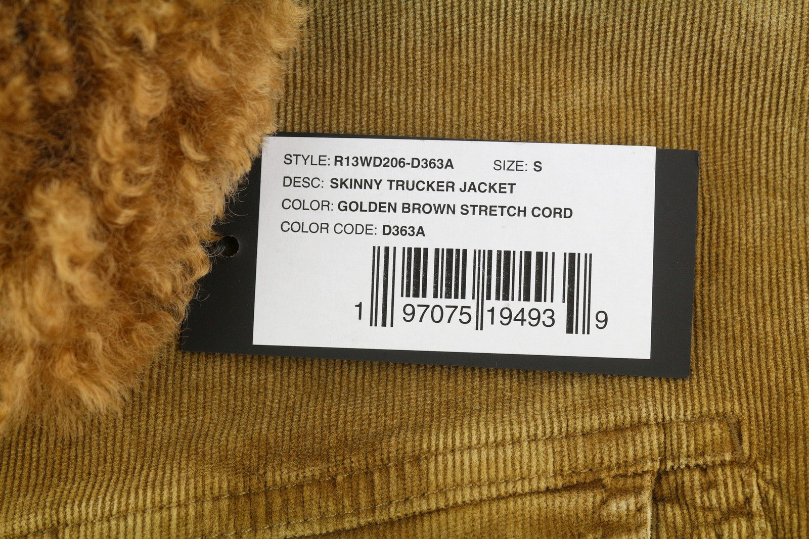 R13 Skinny Trucker Women Jacket S Golden Brown Stretch Cord Faded FW25 RRP1199