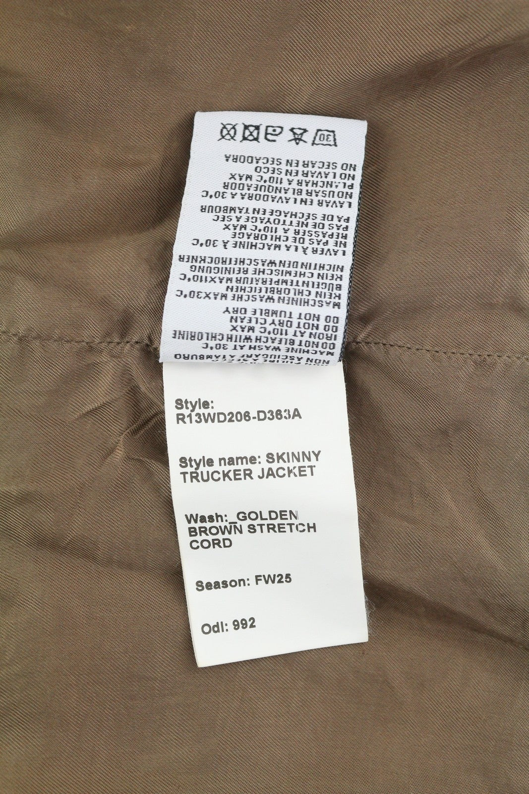 R13 Skinny Trucker Women Jacket XL Golden Brown Stretch Cord Faded FW25 RRP1199