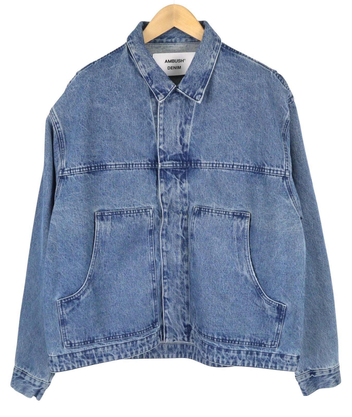 AMBUSH Men Jacket L Denim Blue Faded Patch Pockets Loose Oversized Lightweight