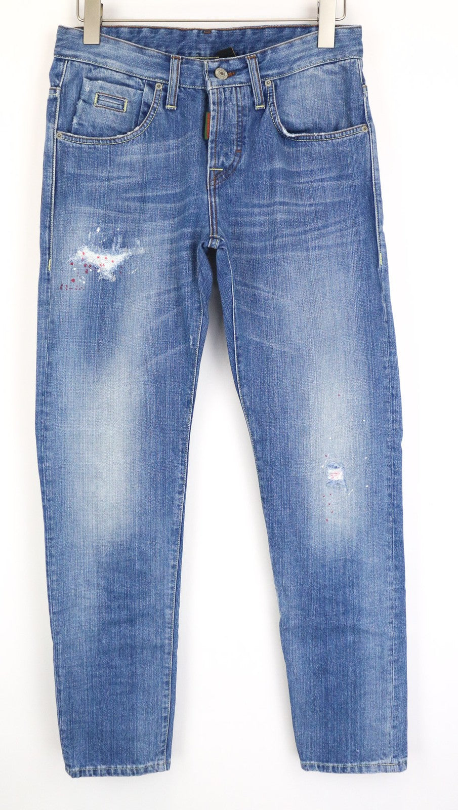 TAKESHY KUROSAWA TK 72 vyriški džinsai W32 mėlyni dažai Slim Distres netempimo kirpimo 
