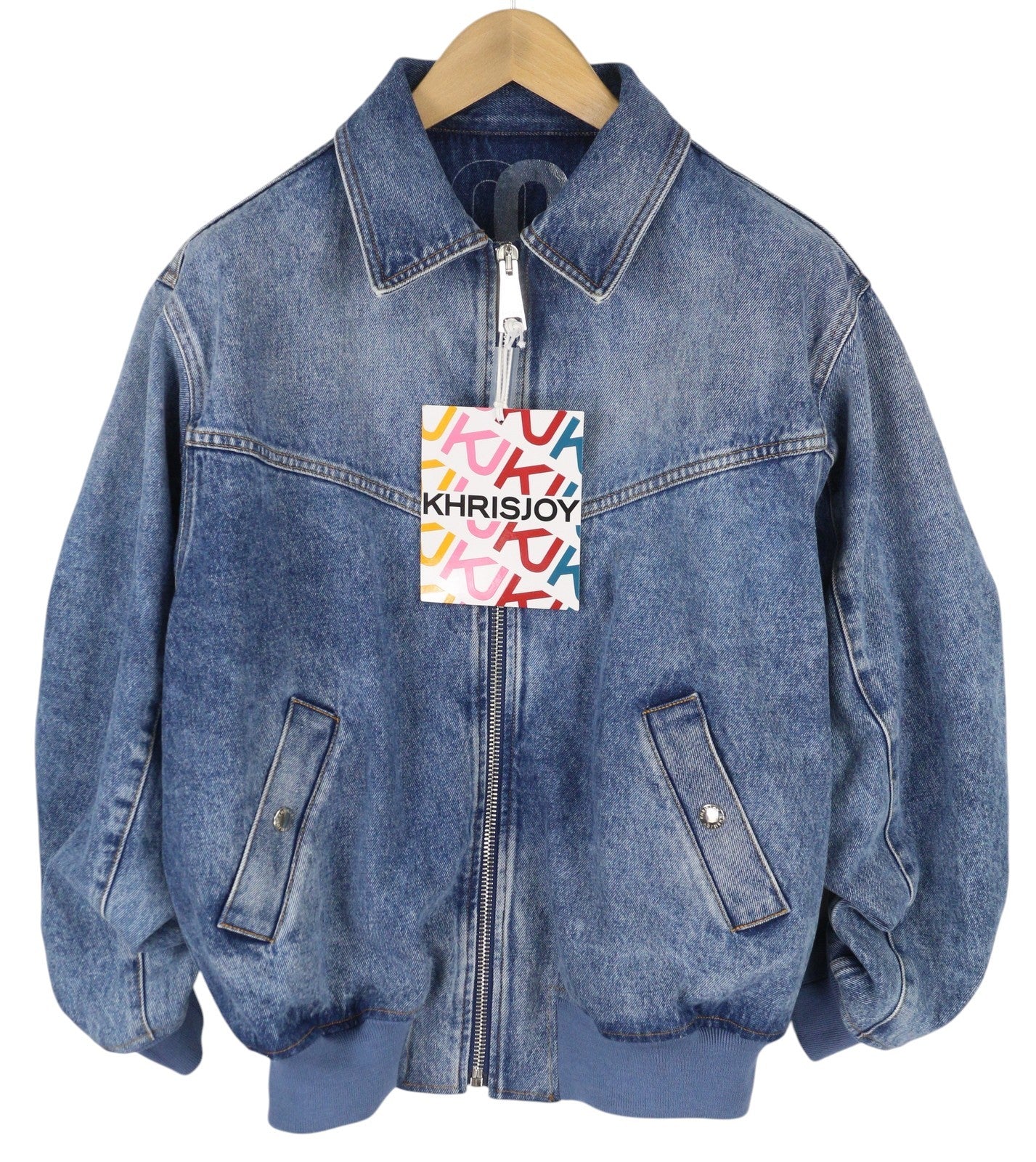 KHRISJOY Aurora Denim Bomber Women Jacket XS/S Blue Faded Oversized RRP1255