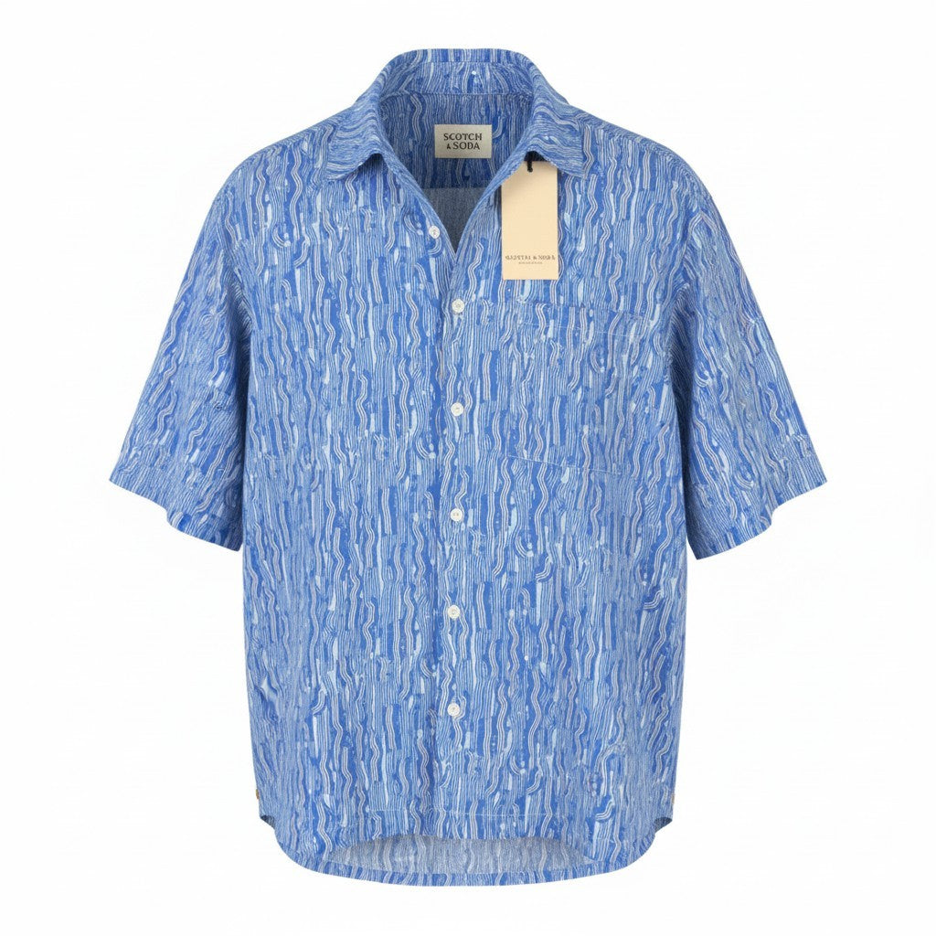 SCOTCH & SODA Men Shirt M Blue Patterned Linen Blend Button Short Sleeve
