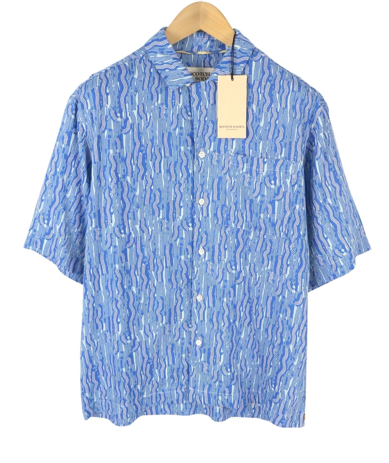 SCOTCH & SODA Men Shirt M Blue Patterned Linen Blend Button Short Sleeve