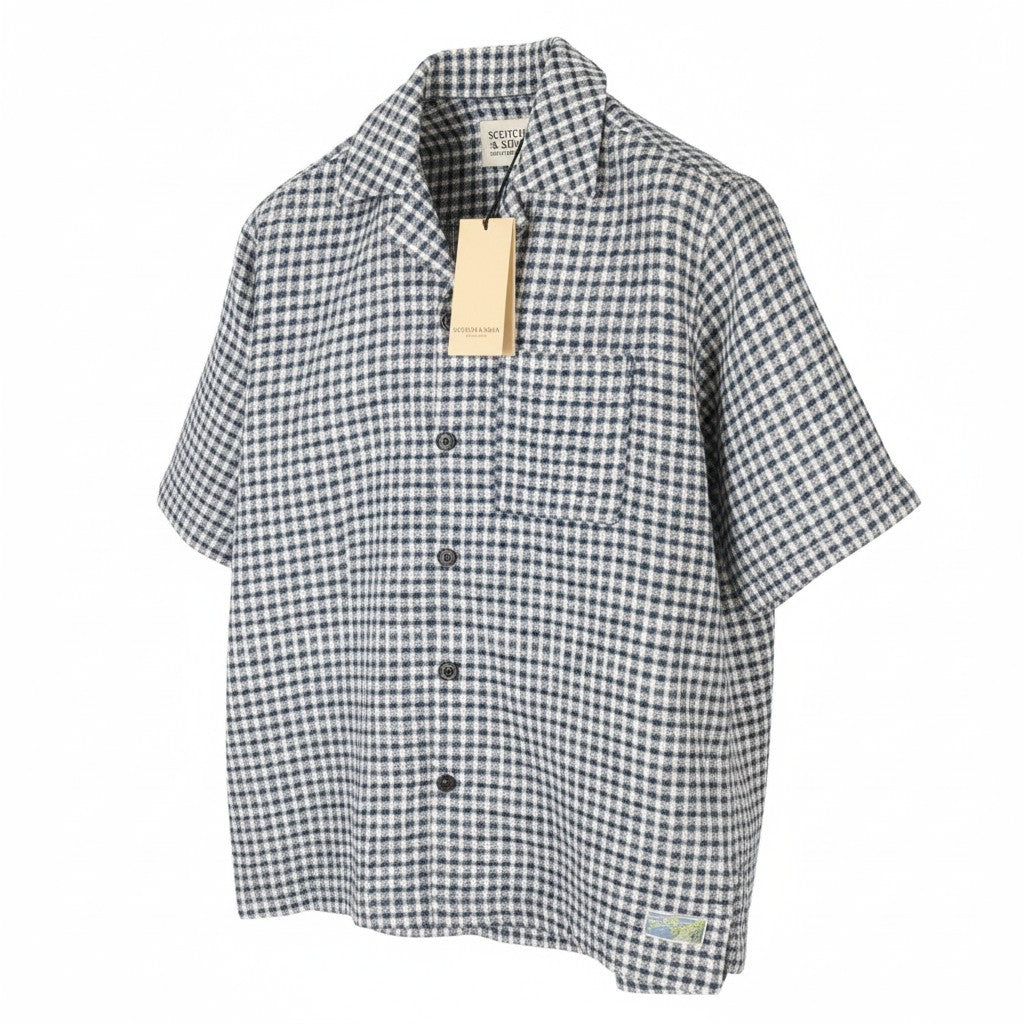 SCOTCH & SODA Men Shirt L Blue Patterned Linen Blend Thick Textured Short Sleeve