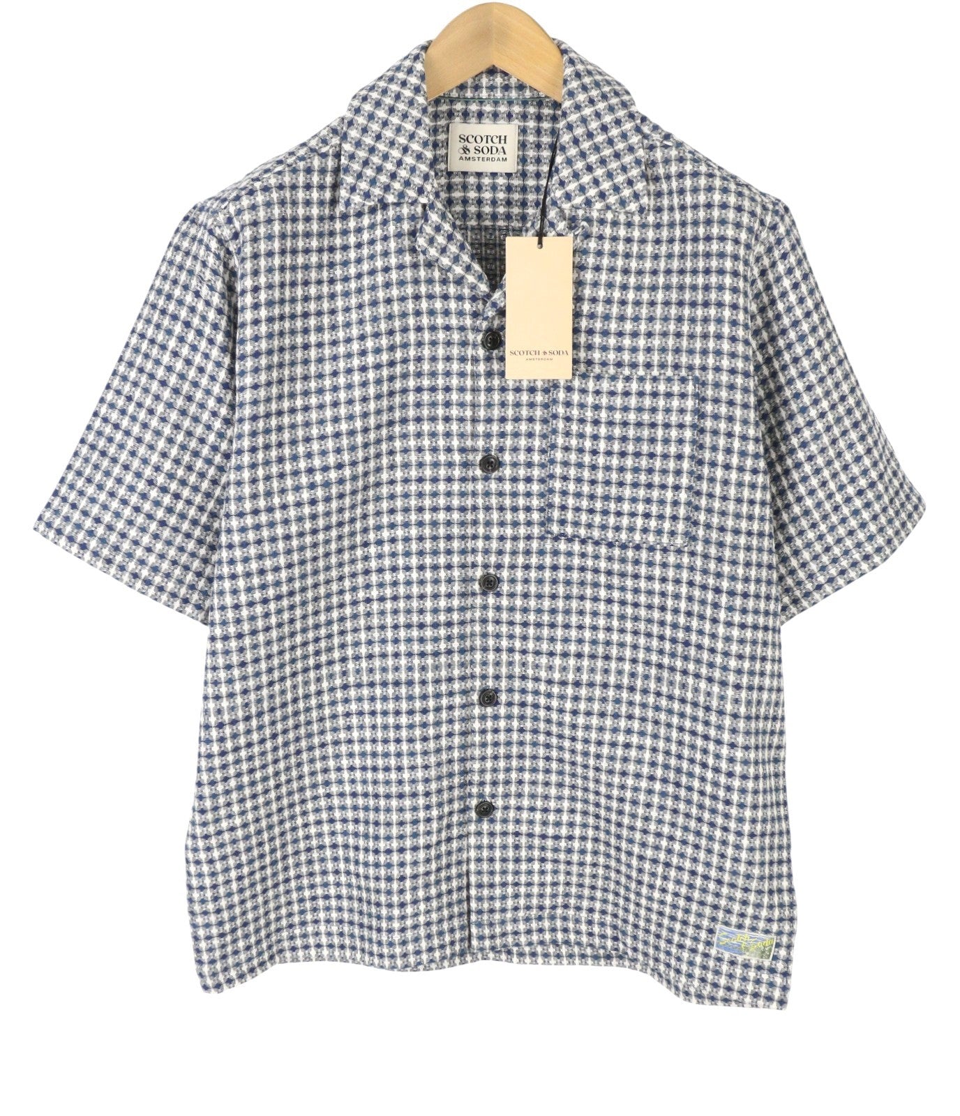SCOTCH & SODA Men Shirt L Blue Patterned Linen Blend Thick Textured Short Sleeve