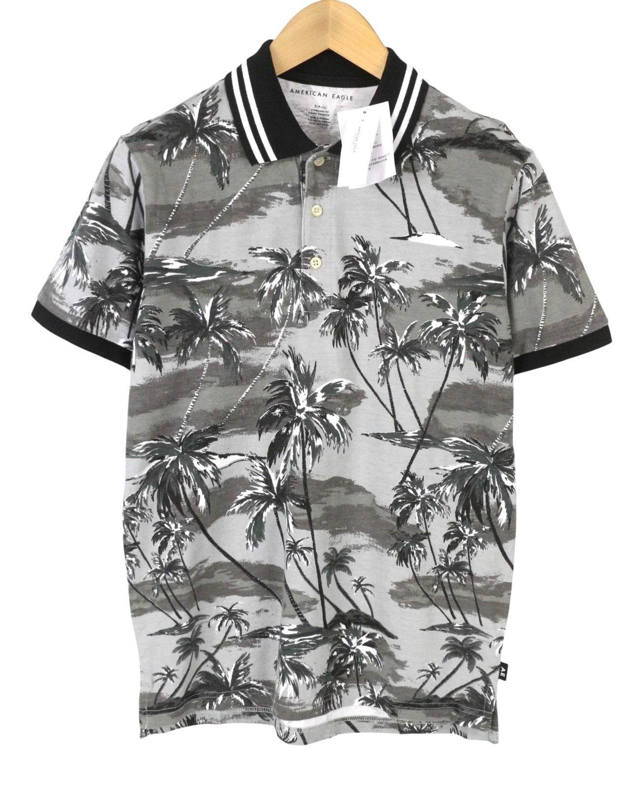 AMERICAN EAGLE OUTFITTERS Men Polos S Grey Palm Tree Print Short Sleeve