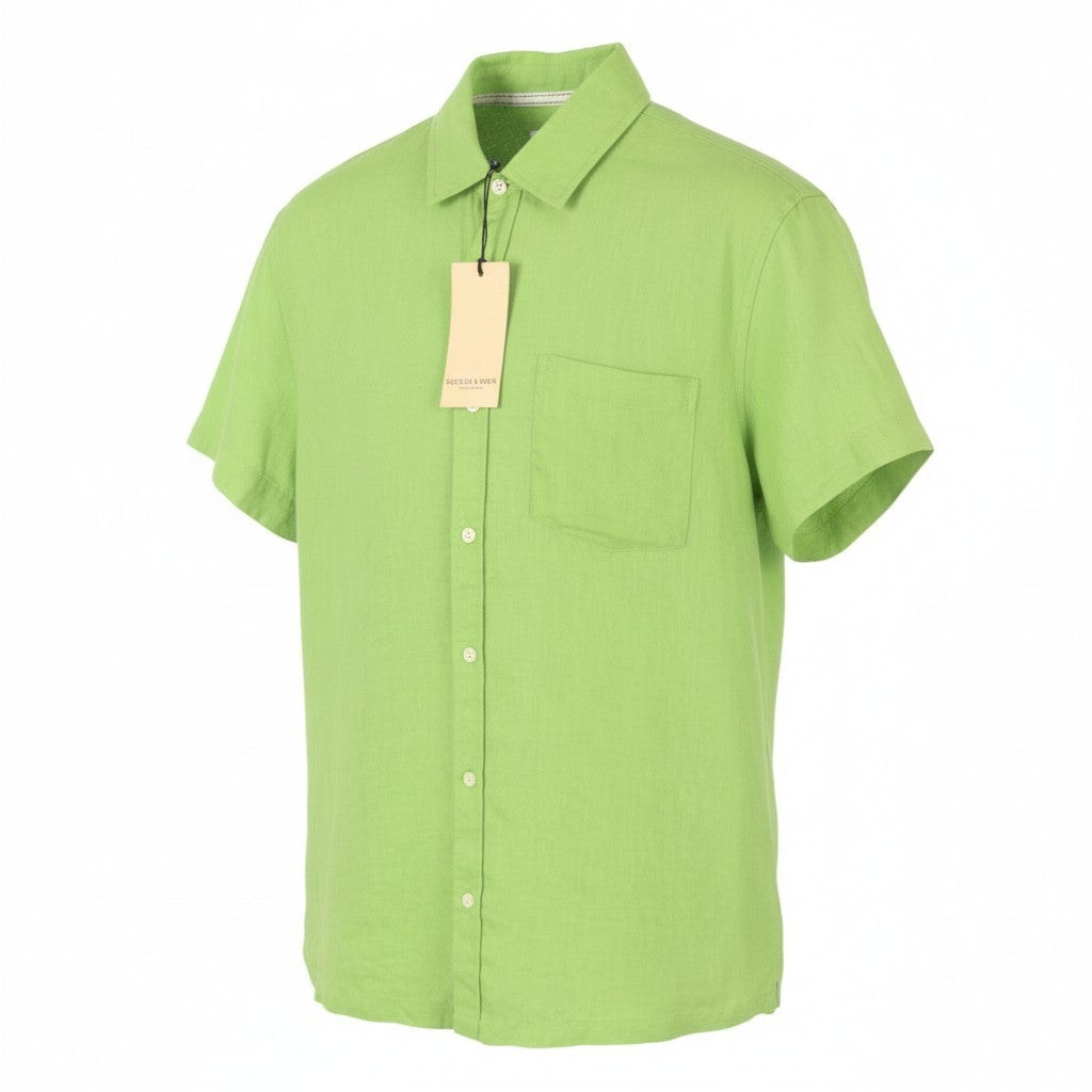 SCOTCH & SODA Men Shirt M Green Linen Spread Collar Button Short Sleeve