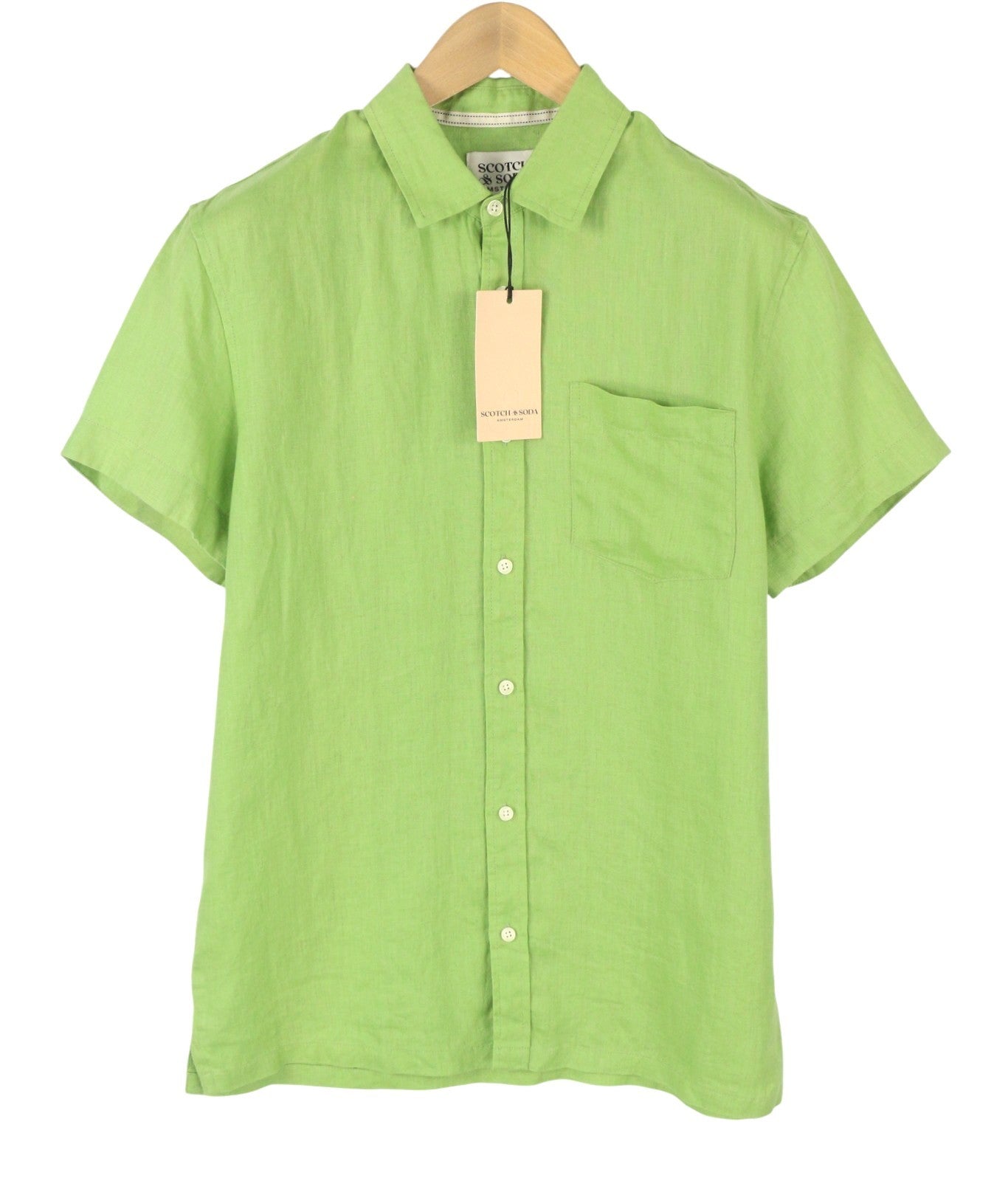 SCOTCH & SODA Men Shirt M Green Linen Spread Collar Button Short Sleeve