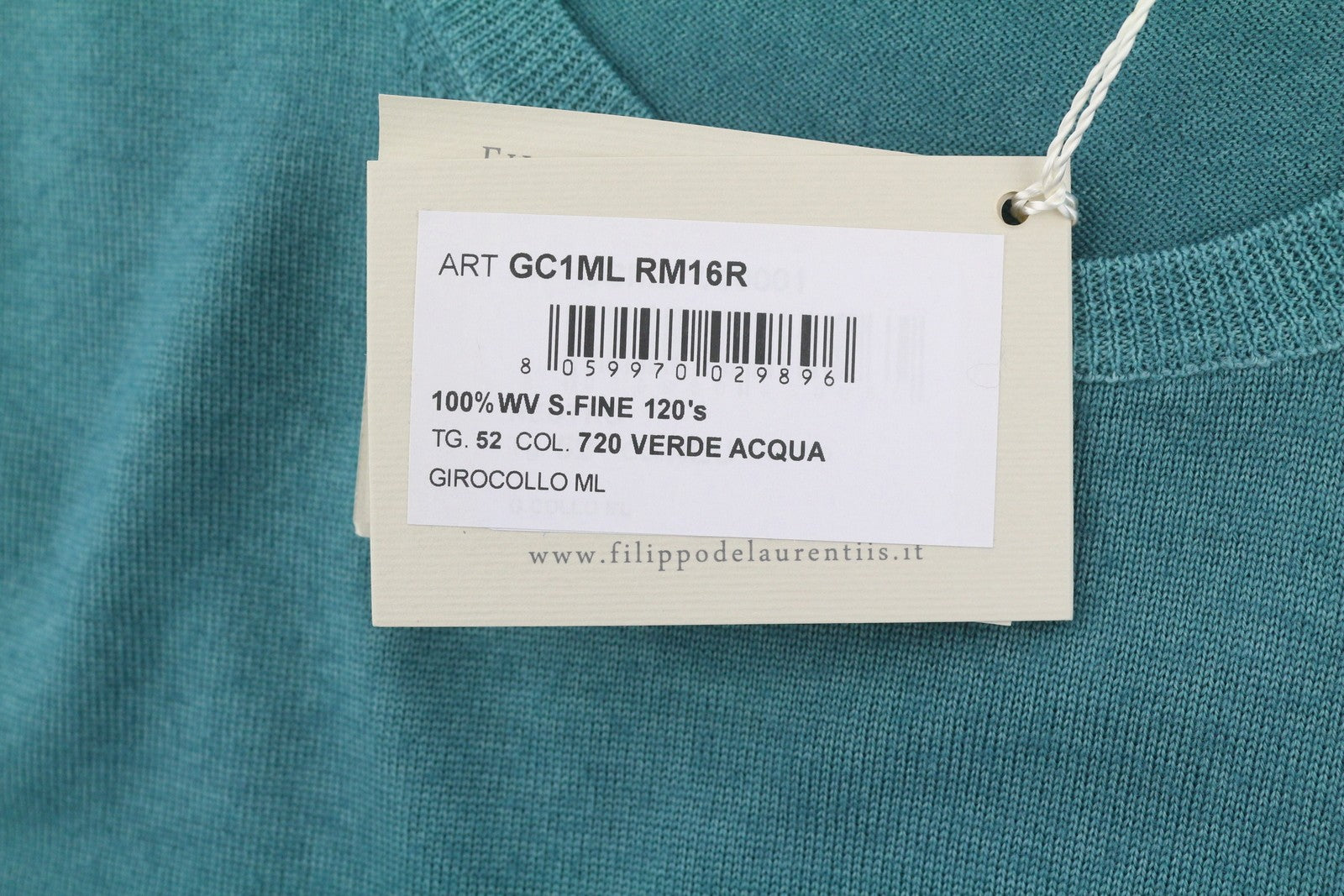 FILIPPO DE LAURENTIIS Men Jumper IT52 L Blue Acqua 120s Merino Wool Pull On