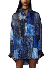 R13 Crop Neck Women Silk Shirt XS Blue Multi Bandana Print Oversized SS26 RRP995