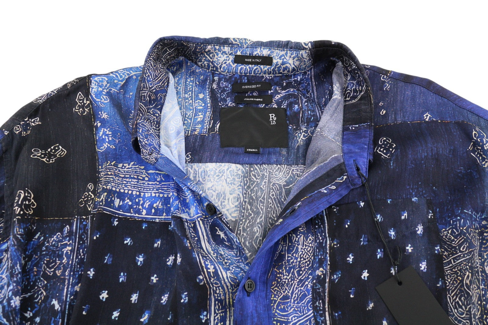 R13 Crop Neck Women Silk Shirt XS Blue Multi Bandana Print Oversized SS26 RRP995