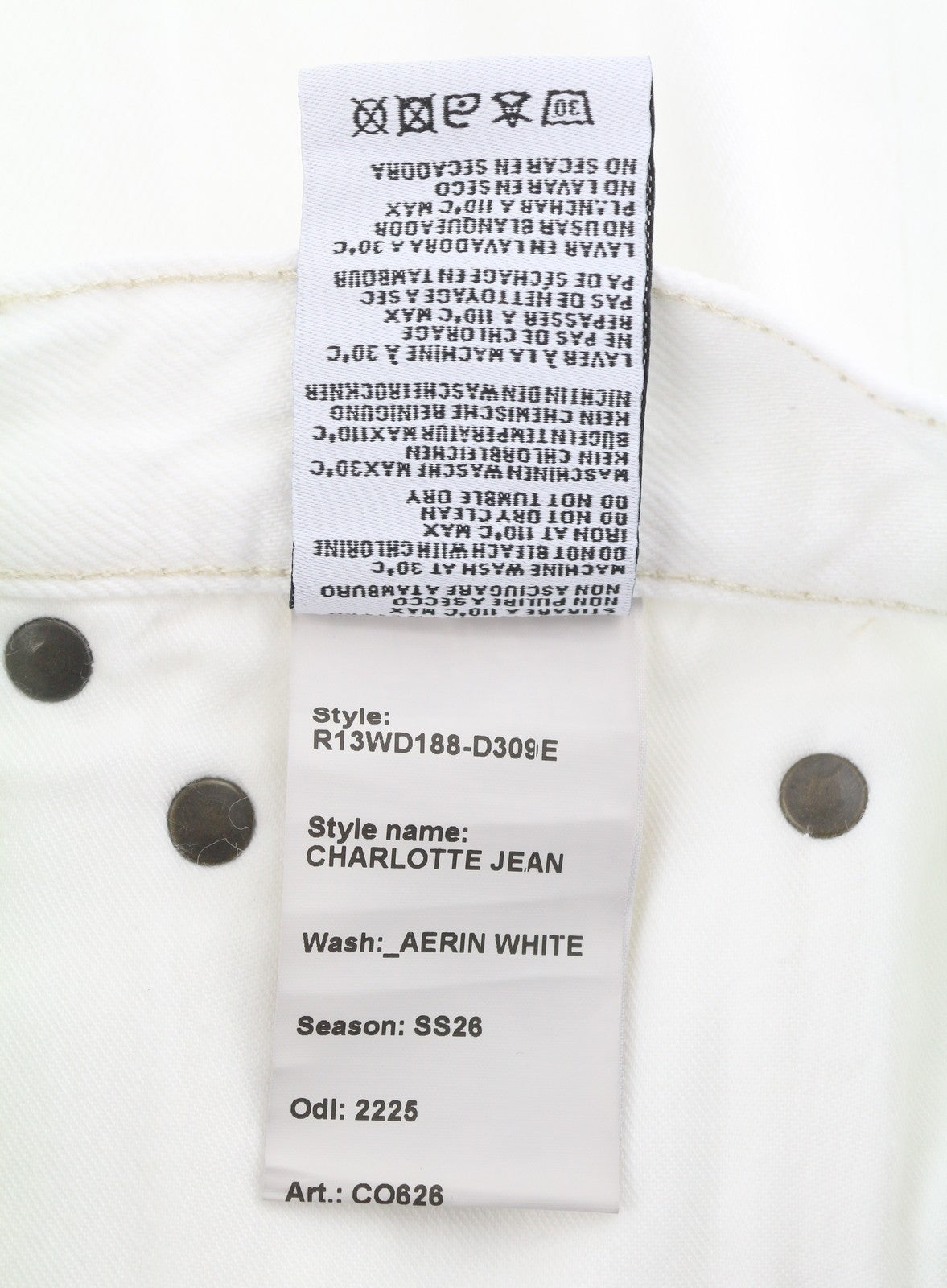 R13 Charlotte Women Jeans 25 Aerin White Straight Distress Zip Fly SS26