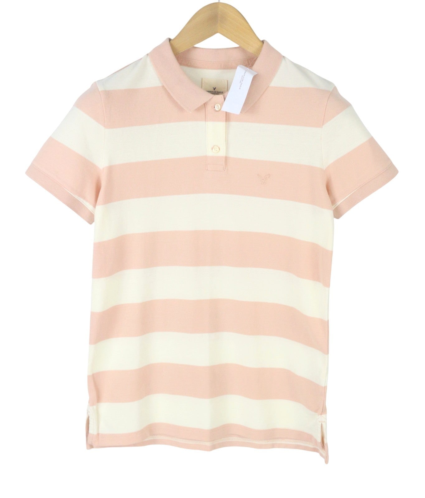 AMERICAN EAGLE OUTFITTERS Women T-Shirt M Pink Striped Polo Collar Short Sleeved