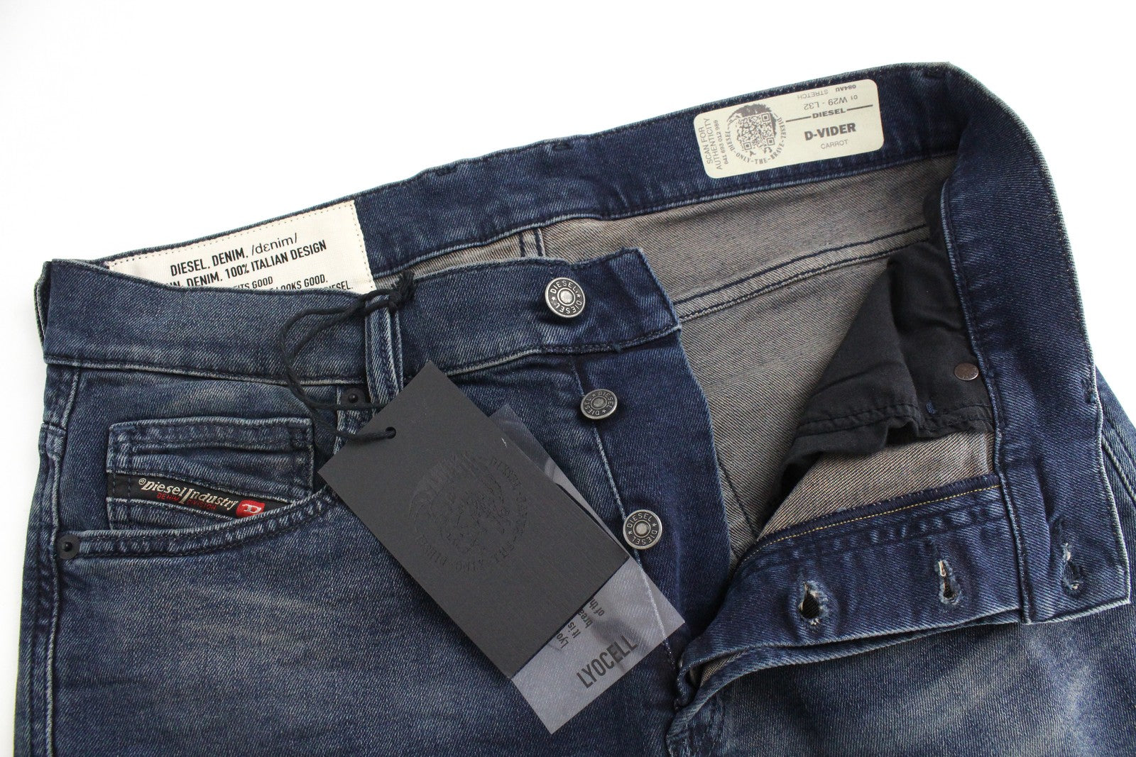DIESEL D-Vider 084AU Men Jeans W29/L32 Carrot Fit Cotton Stretch Button Blue