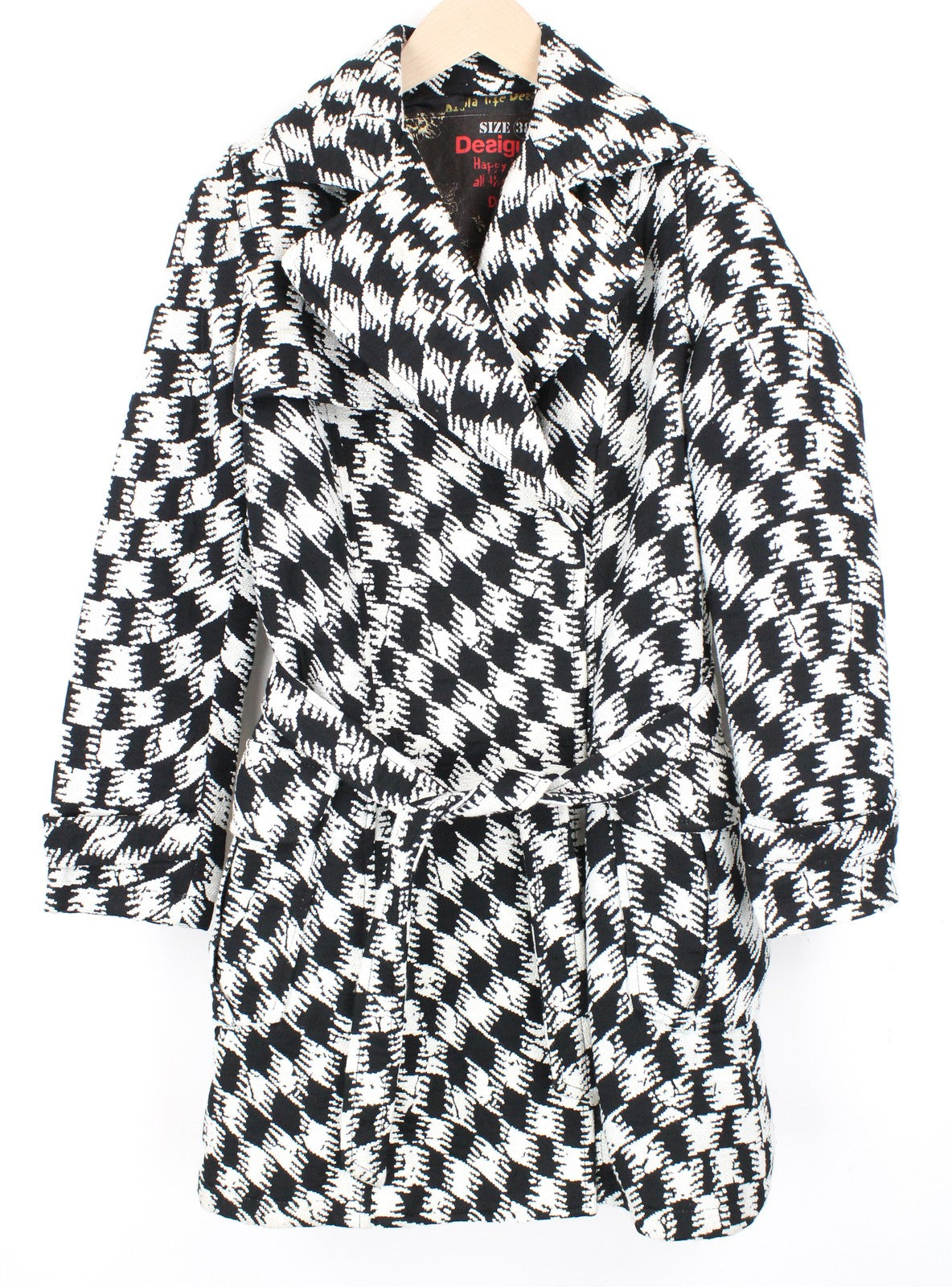 DESIGUAL Women Coat 38 White Black Patterned Single-Breasted Lined Belt Casual