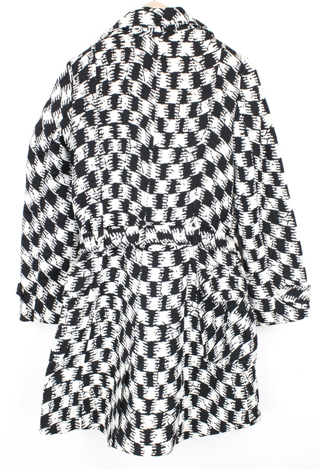DESIGUAL Women Coat 38 White Black Patterned Single-Breasted Lined Belt Casual