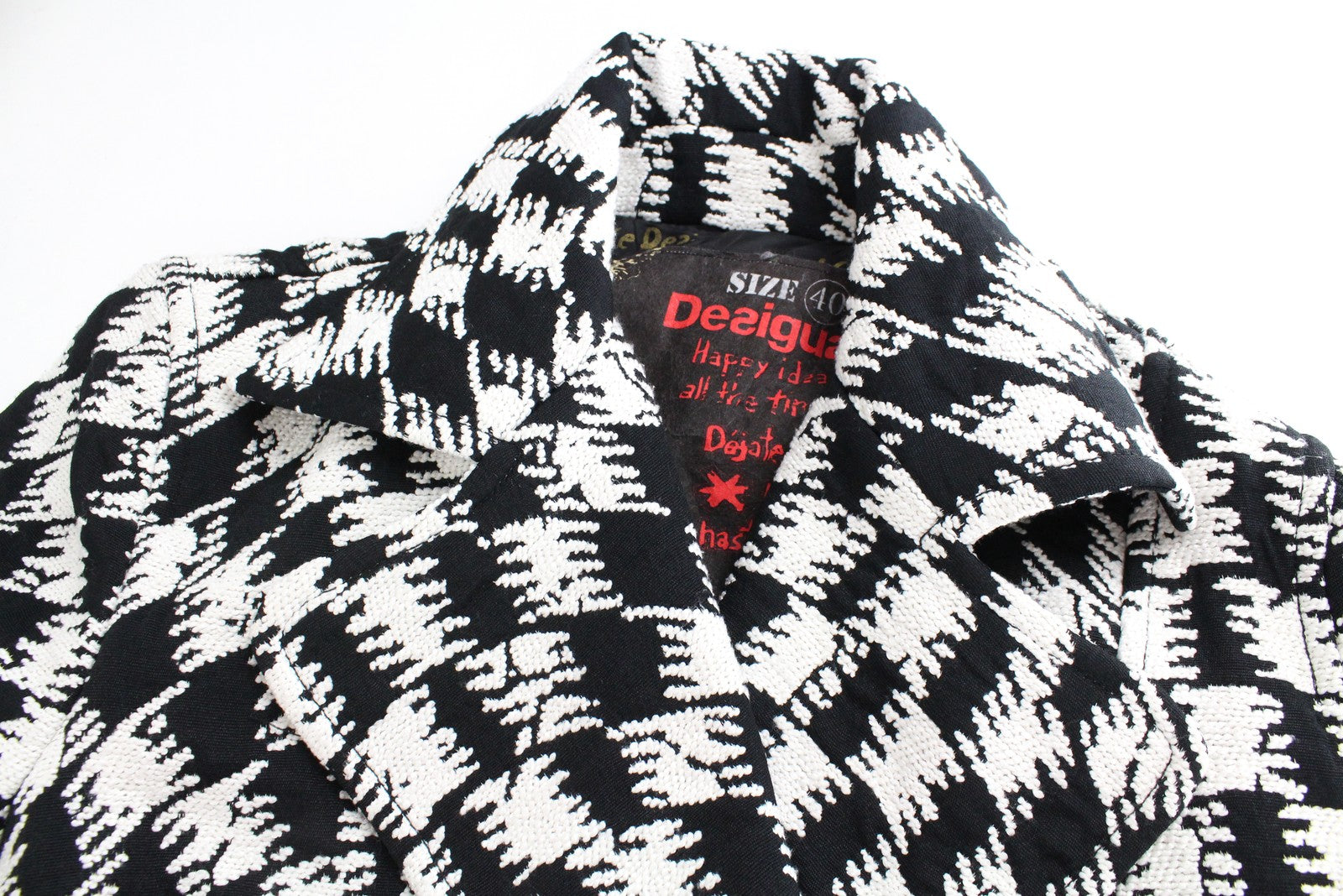 DESIGUAL Women Coat 40 White Black Patterned Single-Breast Lined Belted Casual
