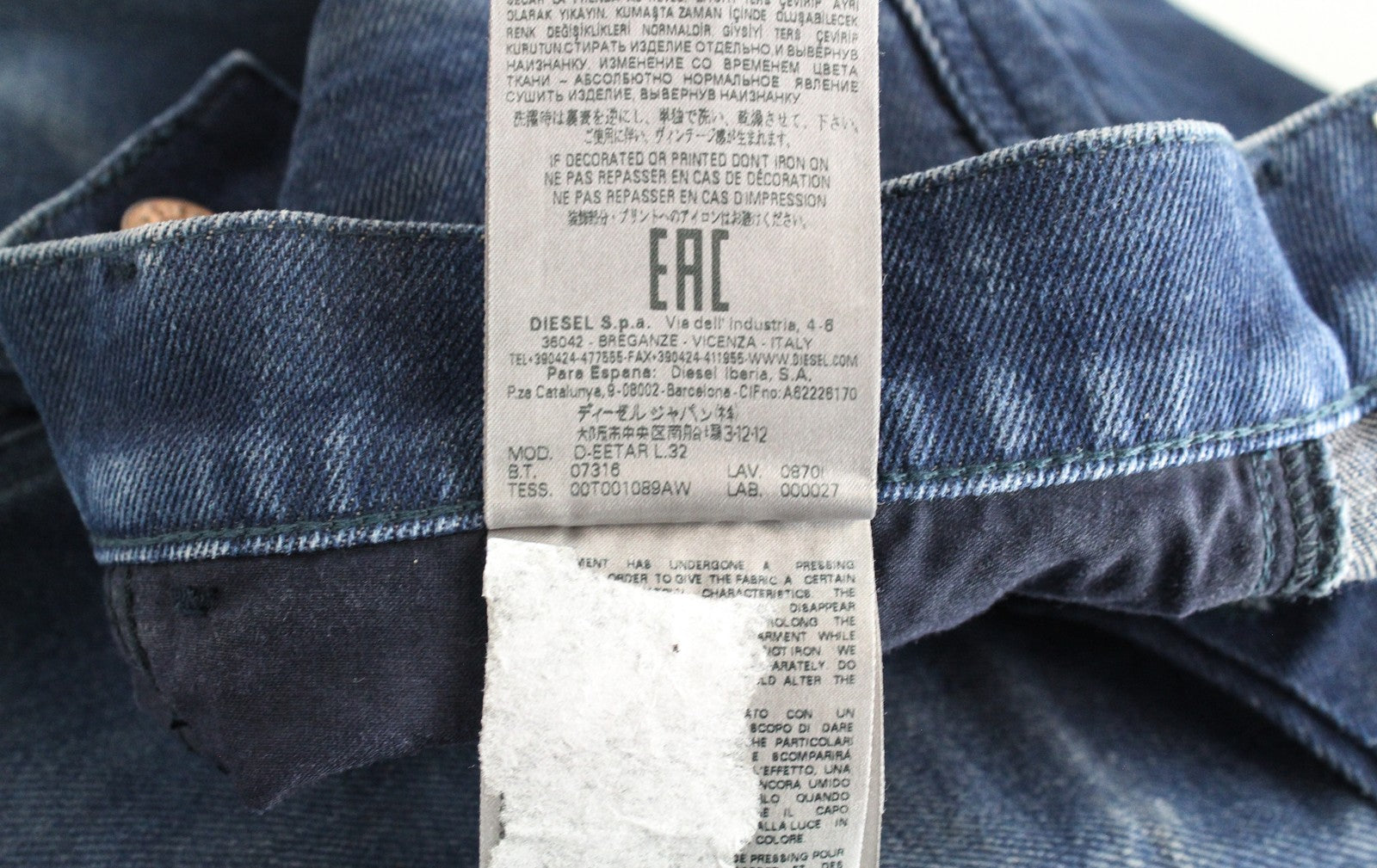 DIESEL D-Eetar 0870I Men Jeans W32/L32 Tapered Fit Blue Cotton Stretch Bleached