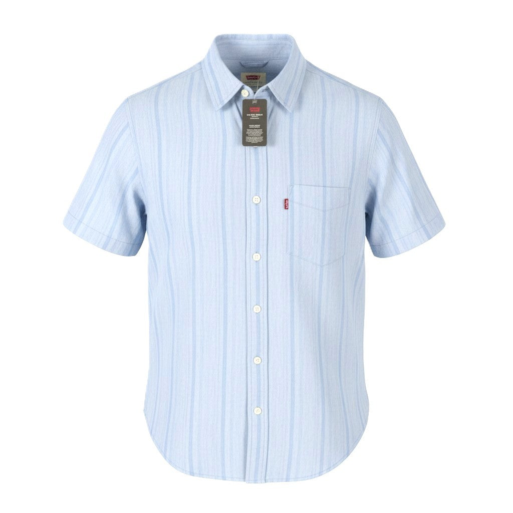 LEVI'S Standard Men Shirt S Blue Pinstriped Linen Blend Short Sleeved