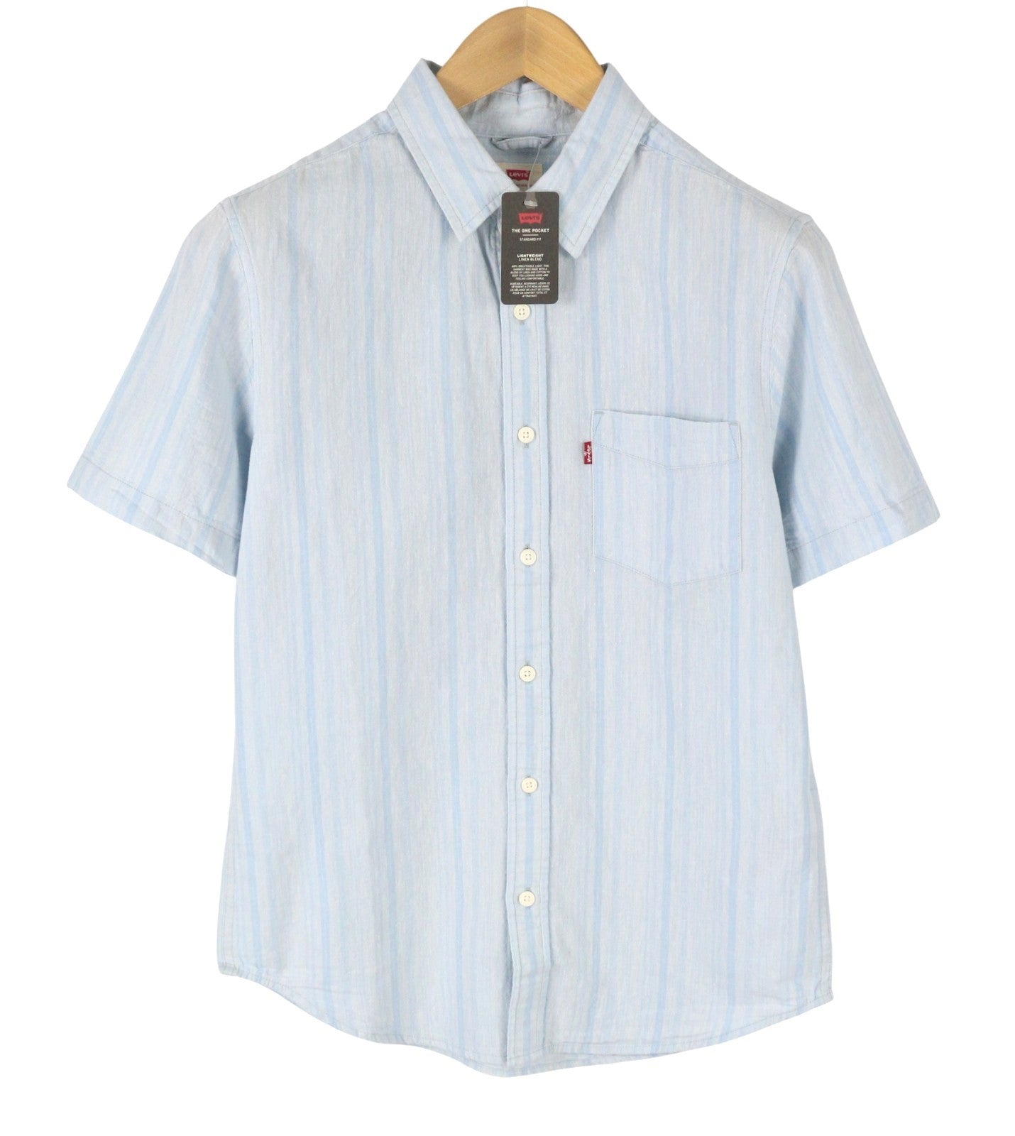 LEVI'S Standard Men Shirt S Blue Pinstriped Linen Blend Short Sleeved