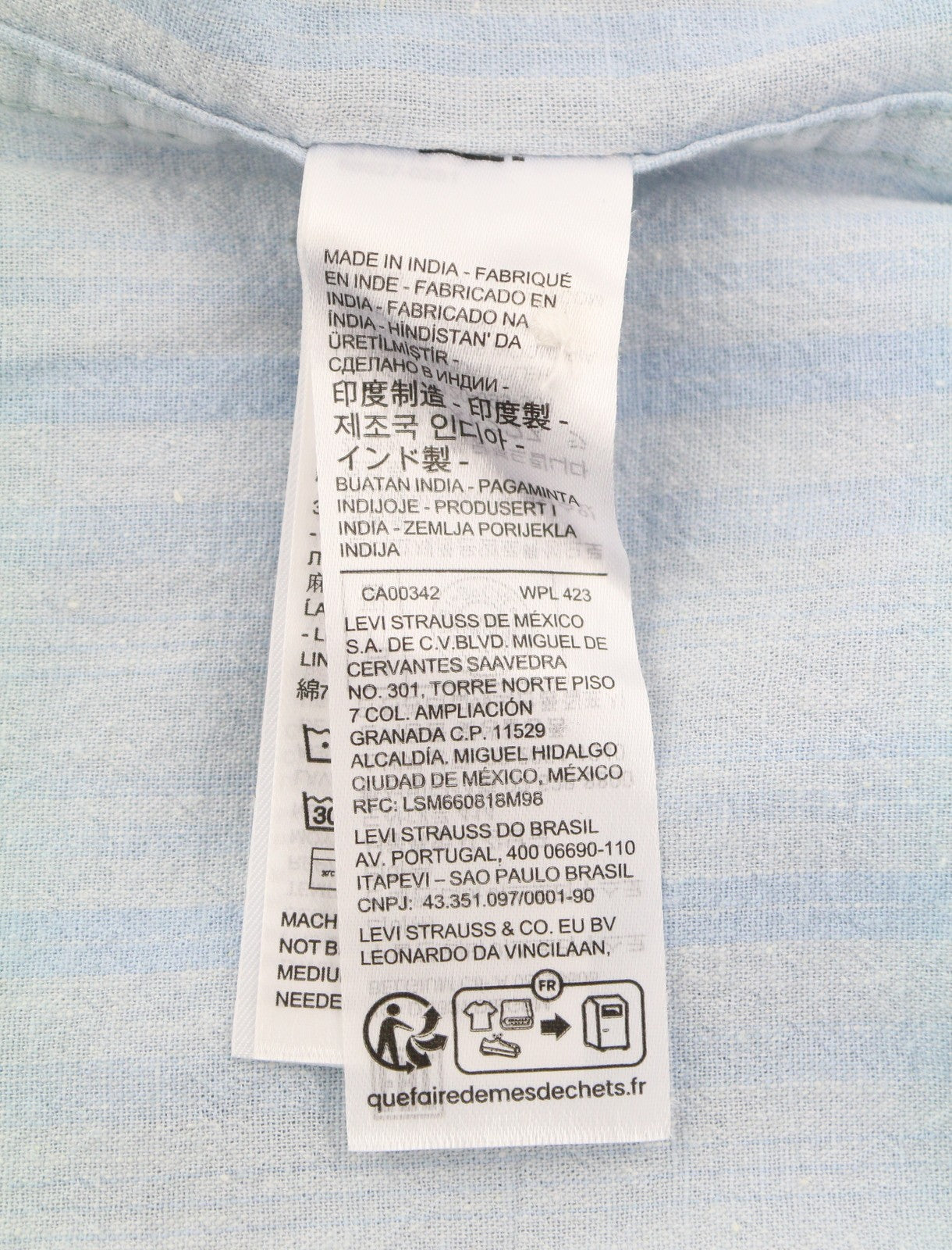 LEVI'S Standard Men Shirt S Blue Pinstriped Linen Blend Short Sleeved