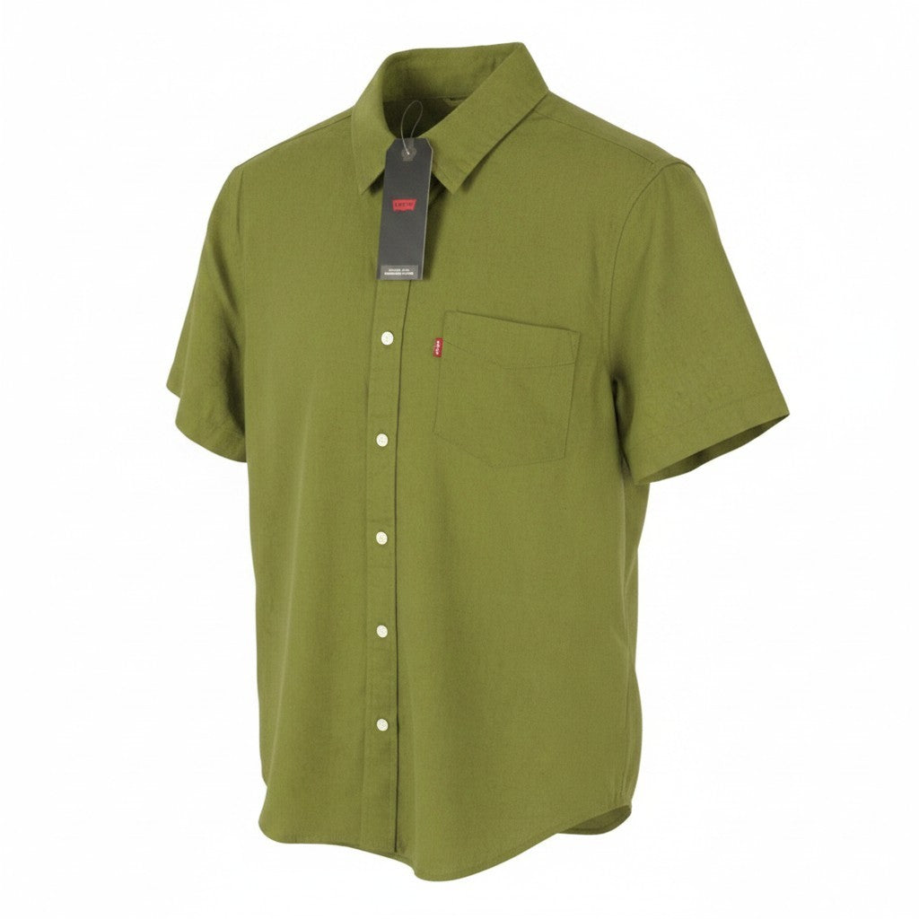 LEVI'S Standard Men Shirt S Green Linen Blend Button Up Short Sleeve